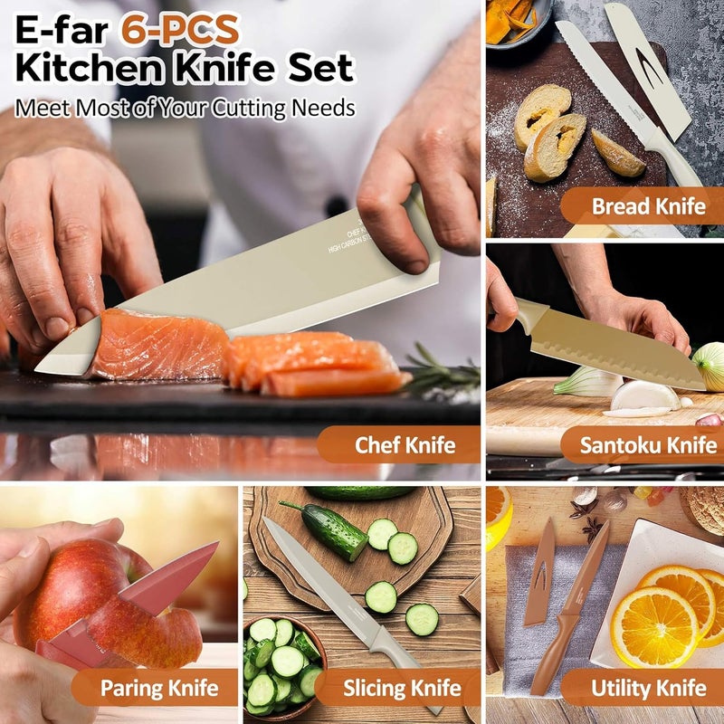 E-far 12-Piece Kitchen Knife Set, Stainless Steel Chef Knives Set with 6 Blade Guards, Sharp Kitchen Cooking Knife with Ergonomic Handle, Anti-Rust & Easy to Clean (Multicolor) - Image 3
